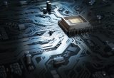 Computer motherboard with CPU. Circuit board system chip with core processor. Computer technology background. 3d illustration